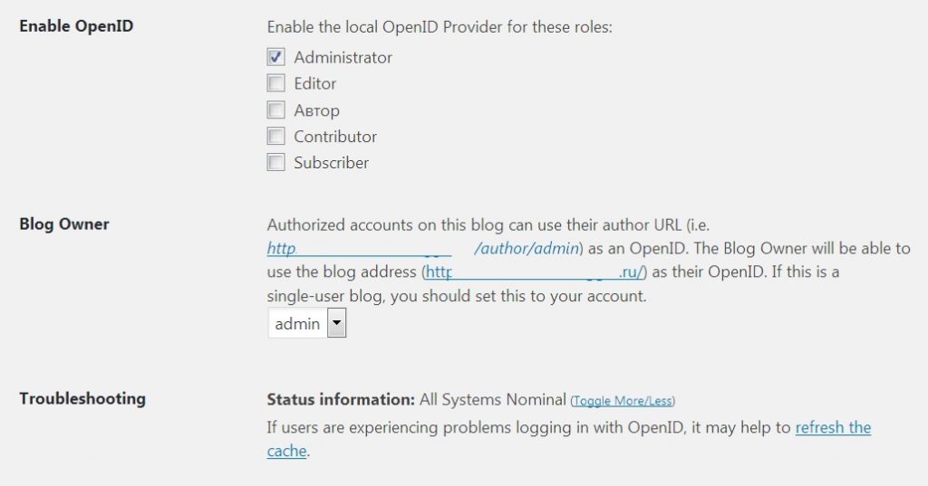 WP OpenID plugin settings